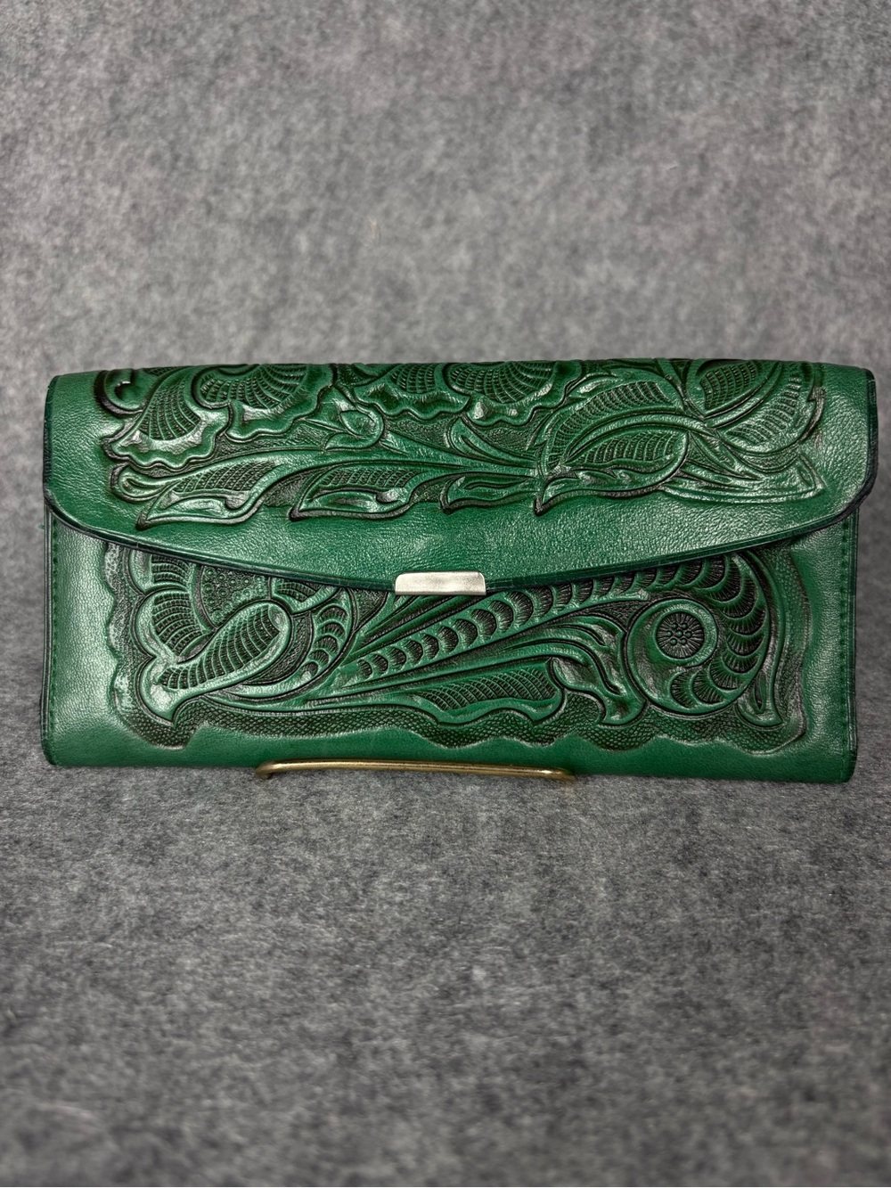 Vintage Green Tooled Leather Floral Western Wallet